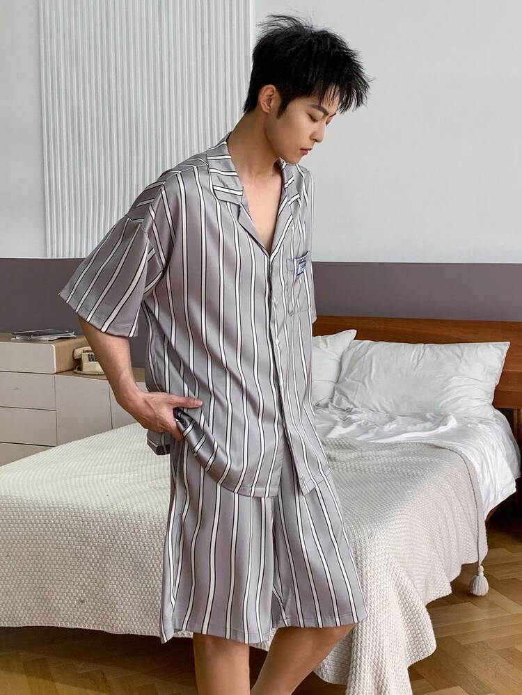 Men's Summer Short Sleeve Shirt And Shorts Pajama Set, Textured Fabric