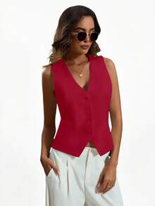 Aveloria Modichic Solid Color V-Neck Sleeveless Casual Suit Vest With Front Buttons  - Burgundy - View 6