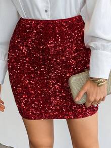 SHEIN Tall Women's Party Sequin Bodycon Mini Skirt Halloween Halloween Clothes Winter Clothes Red Sequin Skirt - Burgundy - View 2