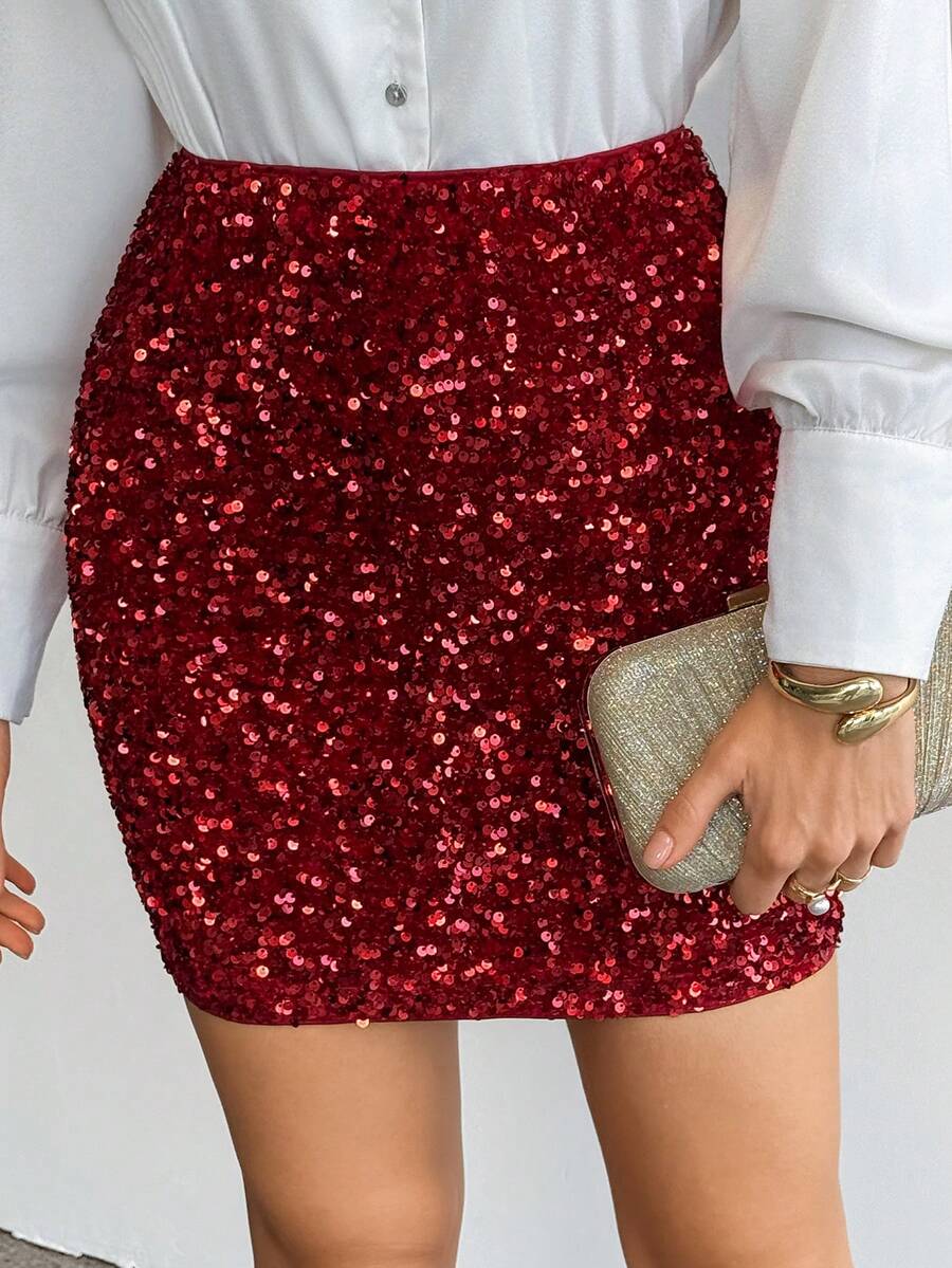 SHEIN Tall Women's Party Sequin Bodycon Mini Skirt Halloween Halloween Clothes Winter Clothes Red Sequin Skirt