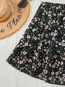 SHEIN MOOSTA 2pcs/Set Ditsy Floral Puff Sleeve Top And Mini Skirt - Black - View 5
