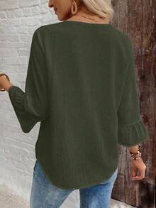 EMERY ROSE Damblus med rund hals och volang, lös textur, enfärgad - Grön - Visa 5