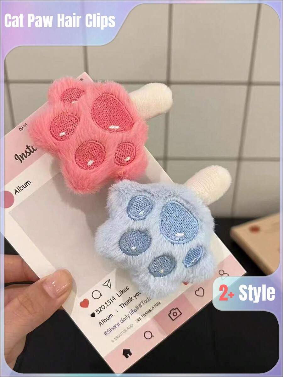 1Pc Cute Plush Cat Paw Hair Clips - Versatile Kawaii Barrettes For Girls, Perfect For Bangs, Side Hair & Flyaways - Multicolor - View 1