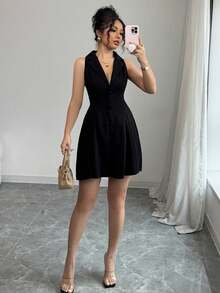 SHEIN PETITE New Casual Elegant Vacation Beach Party Deep V-Neck Sleeveless Waist-Cinched Black Mini Dress For Women, Spring/Summer - Black - View 1