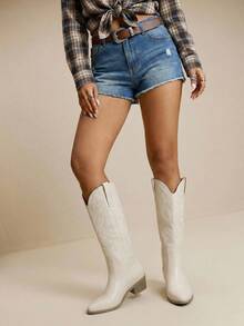 Daringsoles Giày bốt cao đến giữa bắp chân dành cho nữ, phong cách Bohemian miền Tây, thích hợp cho các buổi tiệc, lễ Giáng sinh, trang phục Halloween. - Màu be - Xem 2