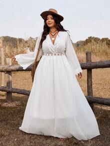 Ceyna Đầm dài tay dáng xòe, eo thon, chất liệu dệt hoa, cổ áo xếp ly, cỡ lớn, thích hợp cho đám cưới, tiệc tùng, lễ hội. - trắng - Xem 1