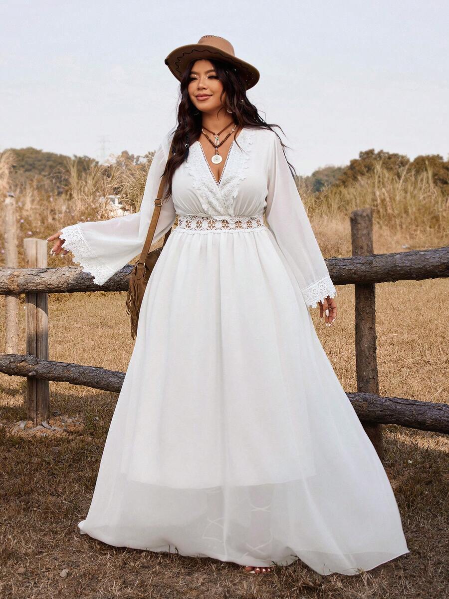 Ceyna Đầm dài tay dáng xòe, eo thon, chất liệu dệt hoa, cổ áo xếp ly, cỡ lớn, thích hợp cho đám cưới, tiệc tùng, lễ hội. - trắng - Xem 1