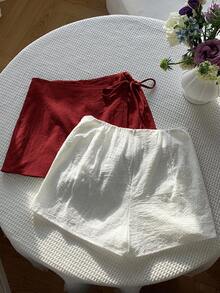 Comfortcana 女士休闲纯色系带裹身裙短裤套装 - 酒紅色 - 查看 4