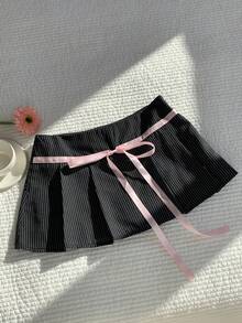 Comfortcana Chân váy ngắn xếp ly thắt nút kẻ sọc thời trang đa năng dành cho nữ, thích hợp cho hẹn hò/đi chơi mùa hè. - màu đen - Xem 6
