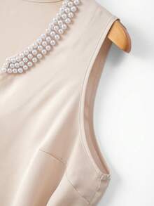 GlowEve Women's Champagne Notched Collar Beaded Loose Tie Waist Satin Elegant Commuter Slim Fit Sleeveless Blouse - Champagne - View 6