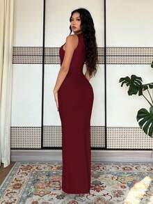 largo de mujer de vestido de escote con estampado de teñido anudado, vestido de verano largo, vestido largo verde maxi para outfit de mujer - Burdeos - Ver 2