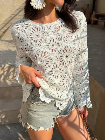 Flora Isola Flora Isola Women's Loose Casual Floral Design Textured Sequins Sleeve Decor Spring/Summer Long Sleeve Sweater