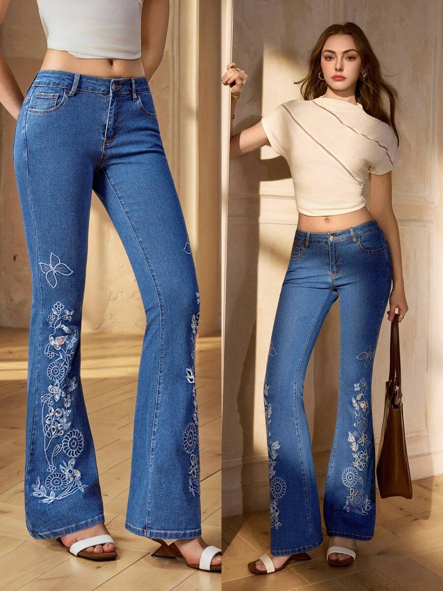 Selenza 女士休闲百搭喇叭牛仔裤，带口袋和纽扣设计 - 藍色 - 查看 1