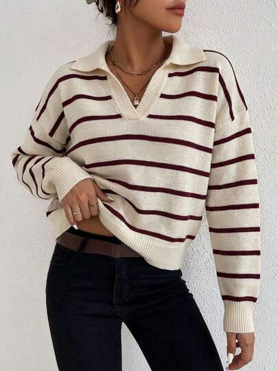 SHEIN Women's Casual Patchwork Color Long Sleeve Sweater, Versatile For Daily Wear, Autumn/Winter