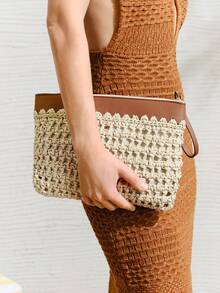 SHECARRY 女士手拿包、草编包、镂空草编包、时尚、优雅、简约、个性化、百搭，适合海滩、度假、假日、夏季、海边、沙滩派对 - 米色 - 查看 7