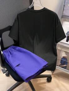 SHEIN 两件套男童舒适宽松Y2K小熊图案白色T恤和紫色工装短裤套装，适合夏季、运动、郊游、度假、派对、上学、时尚街头服饰。 - 彩色 - 查看 4