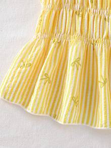 Young Girl' Cute Striped Bow Print Camisole And Flowy Wide Leg Pants Set, Summer - Yellow - View 4