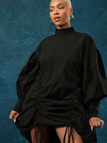 Vixey Drawstring Mock Neck Adjustable Drawstring Long Sleeve Dress - Black - View 2