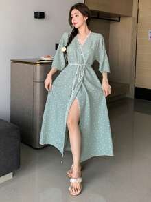 DAZY 女士波点撞色滚边睡袍 - 綠色 - 查看 5