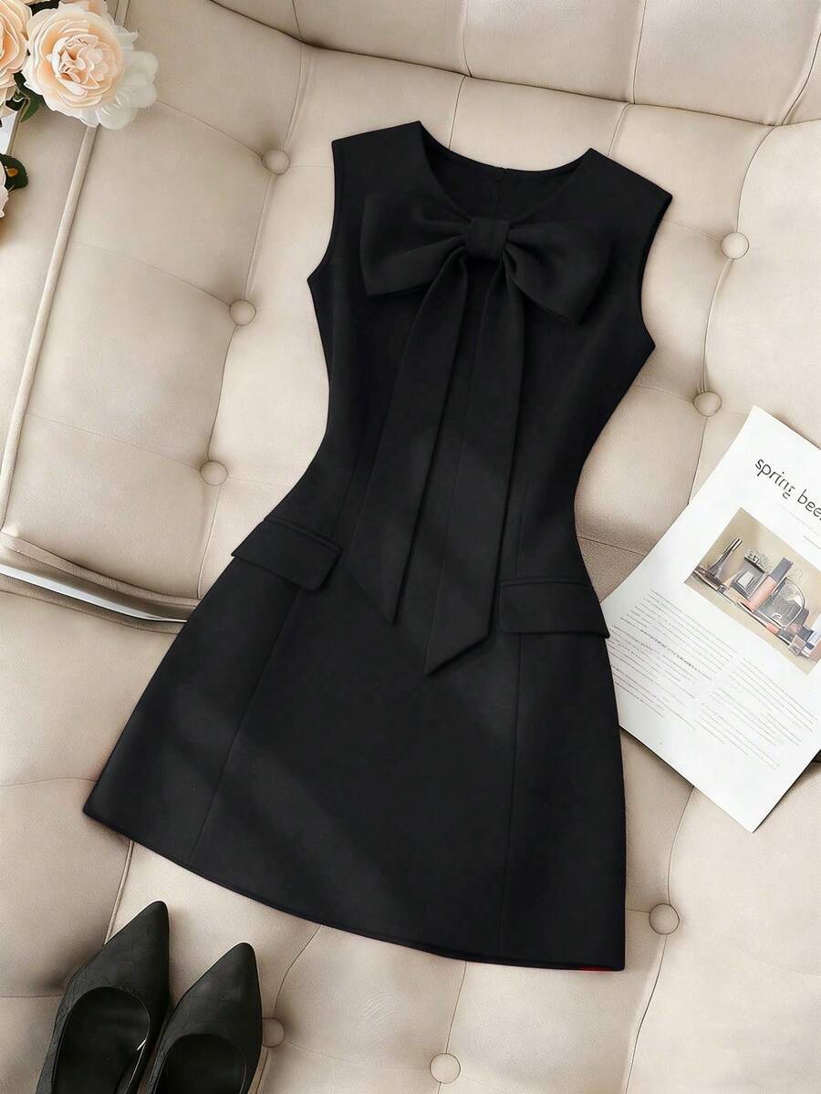 SHEIN Franclia 纯色圆领修身前蝴蝶结无袖女式连衣裙 - 黑色 - 查看 1