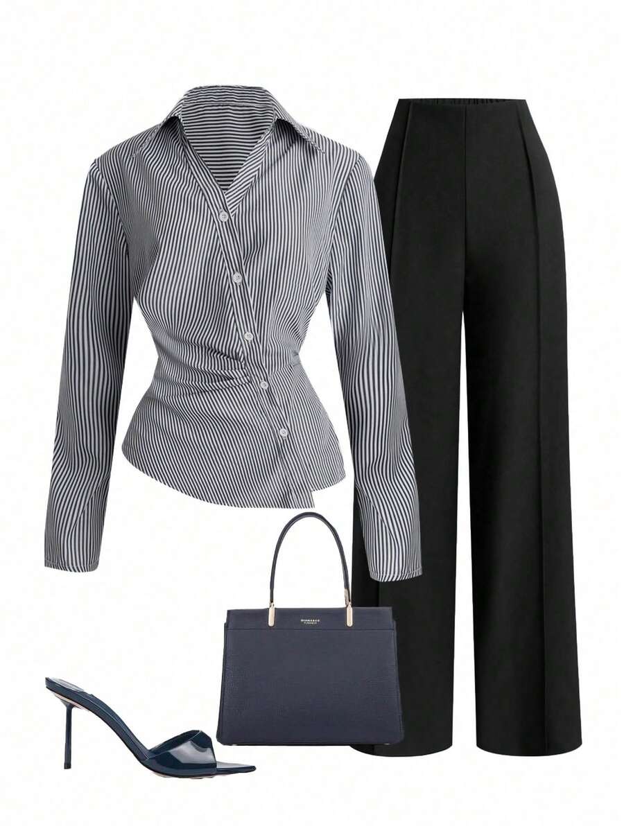Franclia New Stylish Striped Oblique Button Shirt And Straight Leg Pants Set - Black - View 1