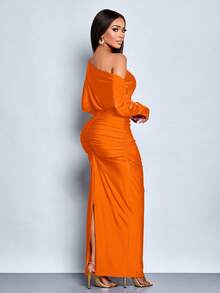 SOLERSUN 女士优雅不对称领口长袖褶皱修身连衣裙，适合圣诞派对、度假和约会 - 橘色 - 查看 2