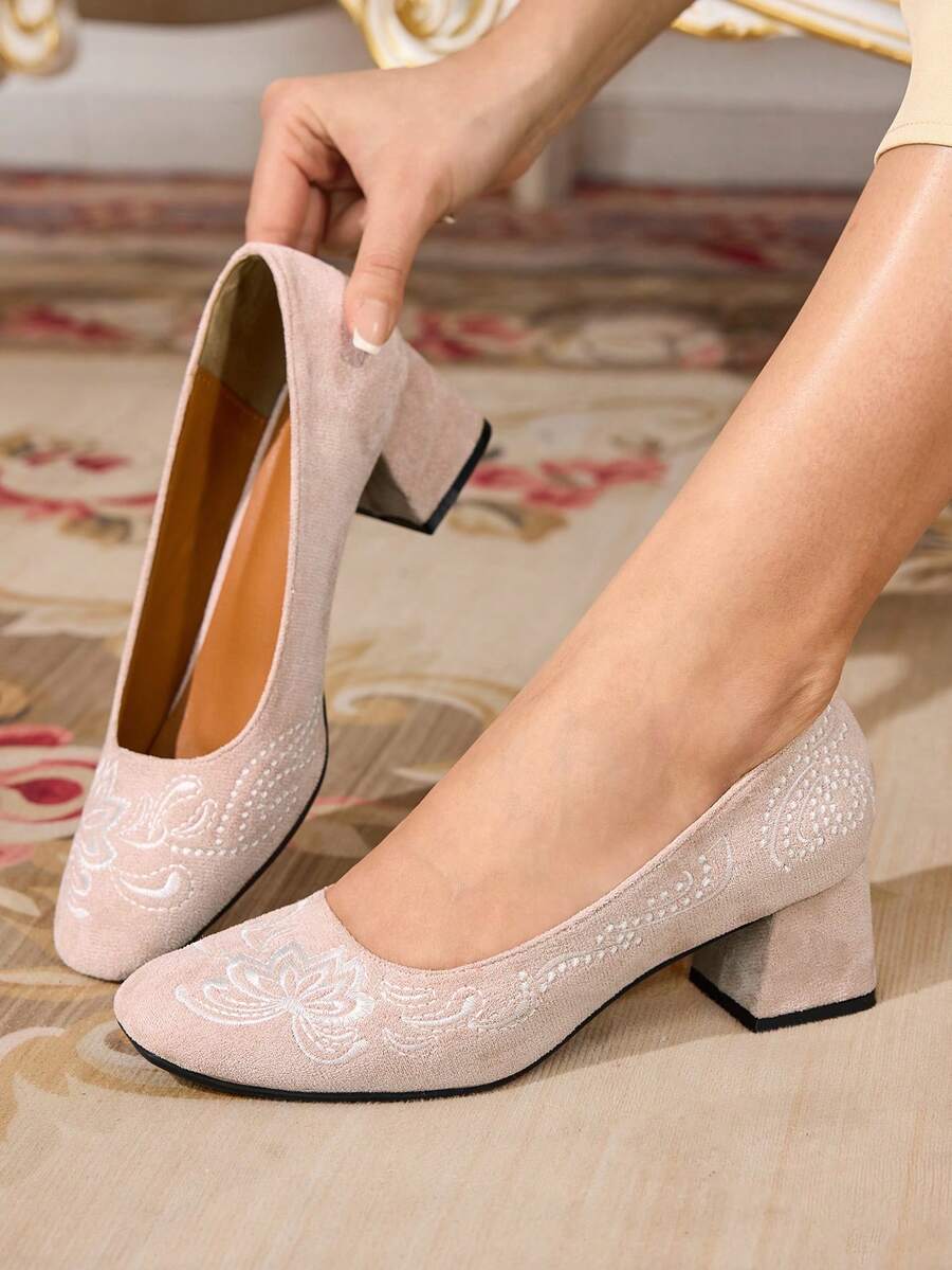 CUCCOO TILAWA Elegant Floral Women's Chunky Heels - Casual Square Toe, High Heel, Fabric Upper, Synthetic Insole, Multi-Season Versatile Shoes, Women's Footwear - Apricot - View 1