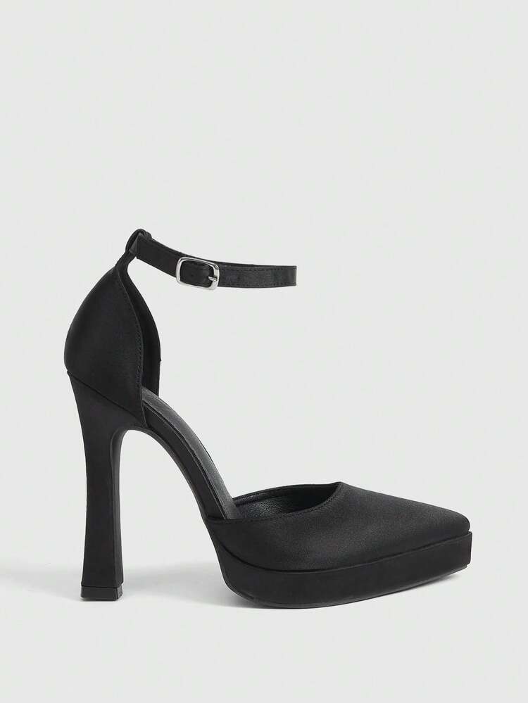CUCCOO LuxiPop Women Shoes Women's Pointed Thick High-Heeled Satin Fabric Is Stylish, Simple, Breathable And Comfortable, Buckle For Daily Parties, Weddings And Banquets, Hollow Solid Color Shoes
