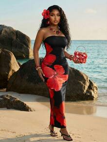 Slaydiva 新款春夏音乐节情人节休闲简约基础款Y2K街头甜美网红热销日常约会辣妹风性感休闲优雅生日派对无肩带定位红色花朵满印黑色修身长裙H型长裙女式长裙 - 黑色 - 查看 5