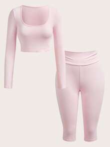 Slaydiva 早春新款，春夏音乐节、情人节、复活节休闲风，简约基础款Y2K街头甜美风，畅销日常约会风，辣妹风，性感运动时尚风U领长袖超短T恤+后腰蝴蝶结，V腰设计，七分裤，粉色套装，女士两件套 -A - 粉色 - 查看 7