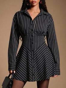 Radiana 女士黑色简约印花休闲长袖短款连衣裙，优雅服饰 - 黑色 - 查看 3