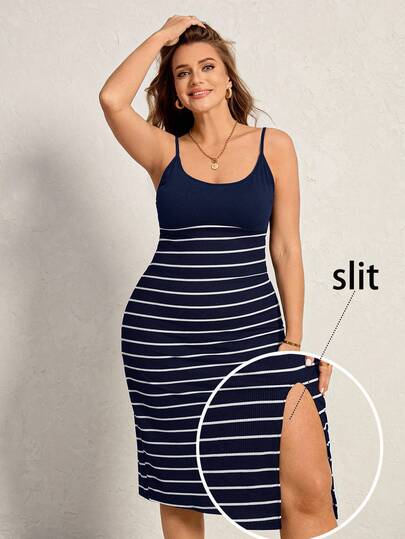 Comfylo Summer Dresses For Women Plus Size Strap Striped Split Hem Form-Fitting Dress Vacation Outfits Woman Summer Outfits For Women Valentine Day Dress Casual Dress Short Dresses Slit Hem