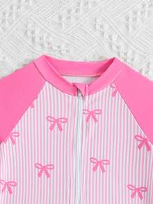 Sparklyn Young Girls Peach Pink Bowknot Striped Decor Cute Elastic Comfortable One-Piece Swimsuit, Suitable For All Seasons Pink Long Sleeve Swimsuit Girl Pink Swimsuit Young Girl Long Sleeve Swimsuits Pink Long Sleeve Swimsuit Pink Swimsuit Long Sleeve Swimsuit Bow Print Swimsuit Girl Rash Guard Long Sleeve Swimsuit Swim Suits Girls Pink Rash Guard Pink Swim Shirt For Girls - Baby Pink - View 5