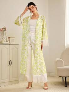 Al Najma Women's Elegant All-Over Print V-Neck Tassel Arabic Abaya Robe - Yellow - View 4