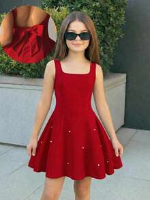 SHEIN Girls' Elegant Square Neck Sleeveless Fitted Bowknot Decor Patchwork A-Line Knit Solid Dress, Red,Kids - Red - View 6