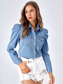 EMERY ROSE Plus Size Casual Puff Sleeve Denim Blouse, Suitable For Commuting In Autumn - Blue - View 1