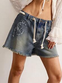 Bohemela Women's Floral Embroidered Denim Shorts,Loose Fit Blue Summer Boho Vacation Festival Outfits,Country Concert Holiday Jorts,Mothers Day Outfit - Light Wash - View 5