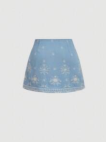 SHEIN MOD 大码女式花卉刺绣蝴蝶结装饰休闲度假A字裙 - 藍色 - 查看 2