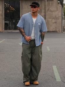 DAZY Men's Letter Print Short Sleeve Washed Denim Jacket, Summer - Blue - View 3