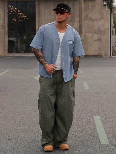 DAZY Men's Letter Print Short Sleeve Washed Denim Jacket, Summer