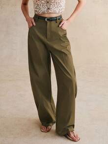 Anewsta 春季新款女式橄榄绿长裤，时尚百搭，配腰带，休闲筒裤 - 橄欖綠 - 查看 5