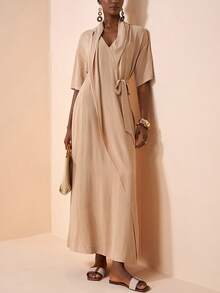 Zivah 2025春季新款卡其色梭织面料交叉裹身七分袖口袋长裙 - 卡其色 - 查看 6