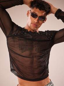 FeverCity 男士时尚性感透视网眼金属孔眼长袖T恤 - 黑色 - 查看 5