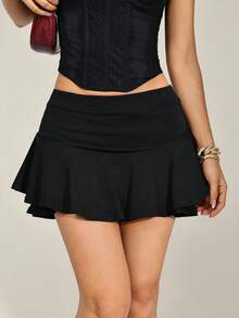 SHEIN PETITE Summer Sexy High Waist Ruffle Hem Skort - Black - View 4