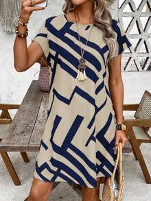 EMERY ROSE Vestido corto casual y de fiesta para mujer con cuello redondo y estampado geométrico - Azul - Ver 5