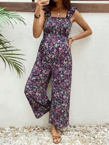 Boho Mama Maternity Ditsy Floral Ruffle Trim Jumpsuit, Summer Vacation - Multicolor - View 6
