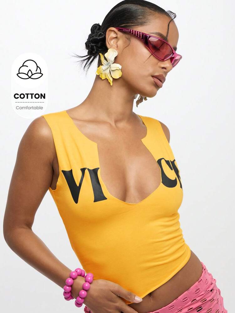 SUMWON WOMEN Yellow Notch Neck Tank With Text Print