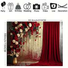 Czerwona i złota kurtyna, czerwone i białe tło z motywem róż, tło na urodziny, panna młoda, dekoracja na imprezę, tło do studia fotografii portretowej - Czerwony - Zobacz 4