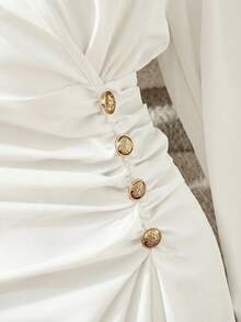 Franclia New Burgundy Pleated Cinched Waist Elegant Dress For Women Long Sleeve White Dress Puffy Sleeves Dress White Elegant Dress Classy White Dress - White - View 4