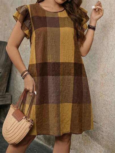 EMERY ROSE Plus Size Summer Casual Plaid Ruffle Trim Round Neck Dress